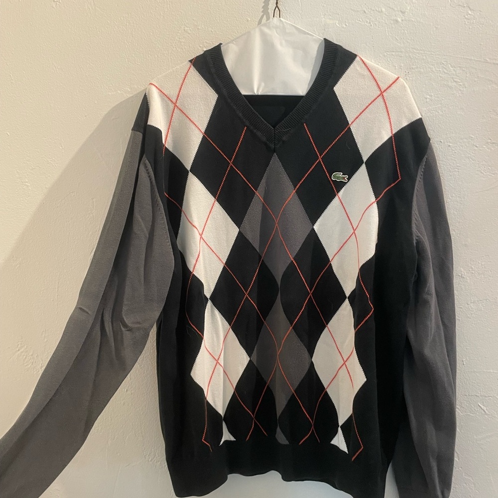 Lacoste Men's V-Neck Argyle Sweater in Black, Gray, and White